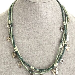 Layered Green Beaded Necklace With Silver Charms